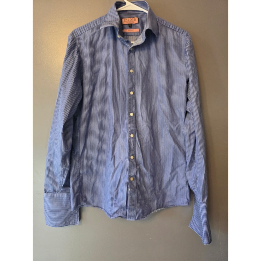 Thomas Pink Slim Fit Dress Shirt Mens 15.5 Blue White Stripe French Cuff London